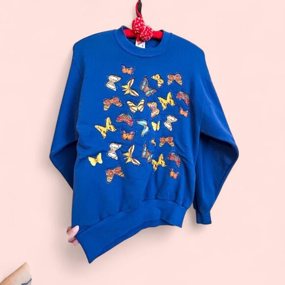 Vintage Jerzees Made In USA Cotton/Polyester Sweater Sweatshirt Blue Butterfly - Picture 2 of 8
